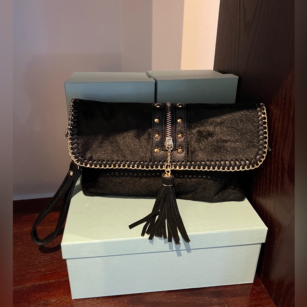 NEW Sondra Roberts Calf Hair Black Clutch With Gold Chain Details and Tassel